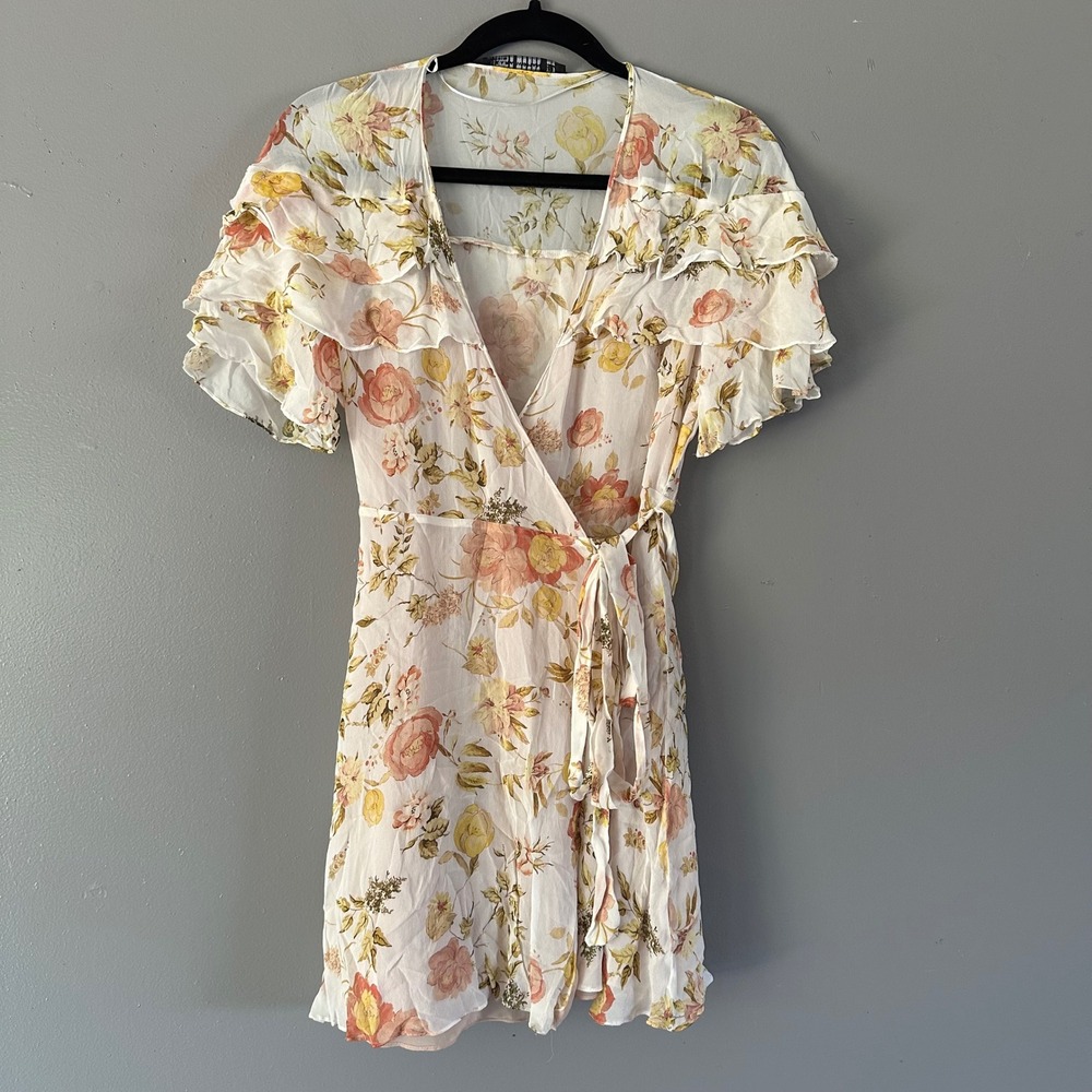 Zara Woman Chiffon Silk Mini Wrap Dress‎ Ivory Floral SZ SMALL